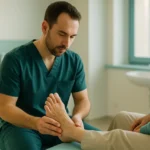 Médico especialista examinando pie de paciente diabético para prevenir amputaciones con tratamiento especializado