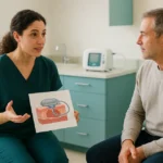 Especialista en heridas explicando terapia de presión negativa VAC a paciente en consulta médica