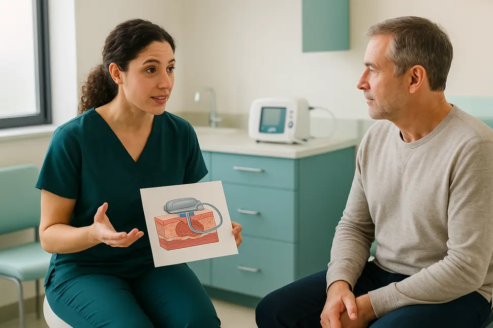 Especialista en heridas explicando terapia de presión negativa VAC a paciente en consulta médica