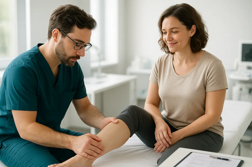 Profesional médico realizando evaluación especializada para tratamiento de heridas complejas en consulta clínica moderna