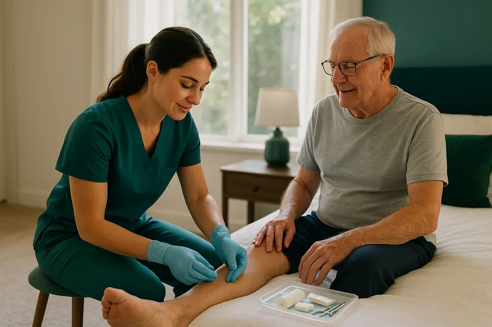 Enfermera profesional realizando evaluación de heridas en domicilio con paciente mayor en ambiente hogareño confortable