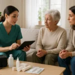 Especialista en heridas documentando progreso del tratamiento durante consulta domiciliaria con paciente y familia