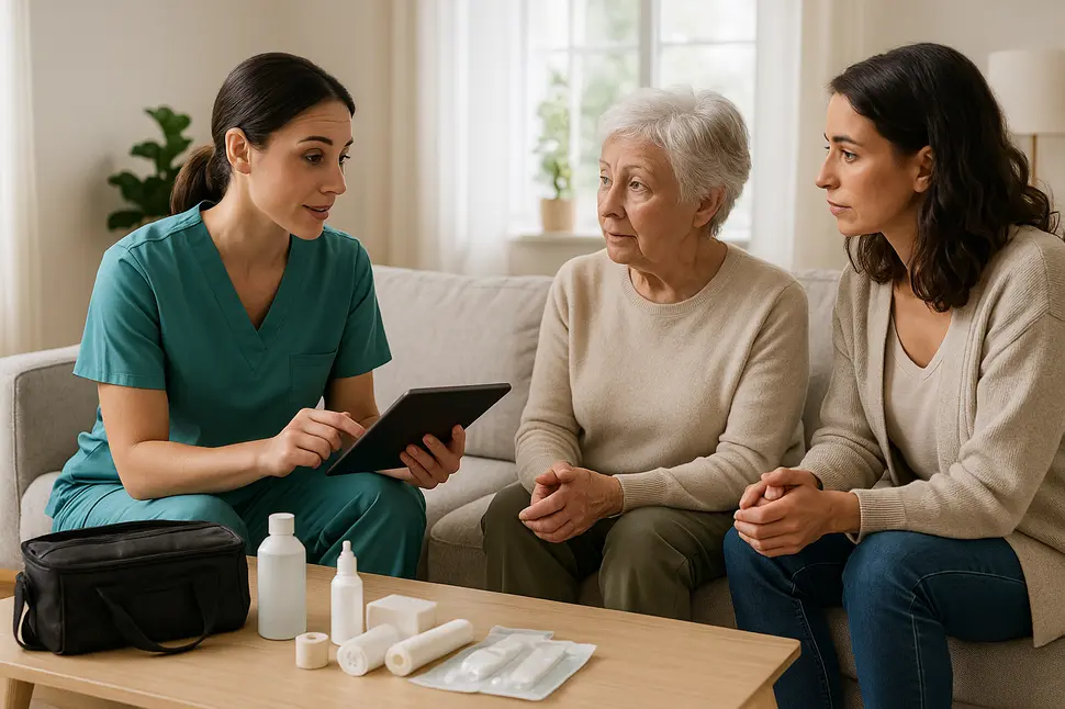 Especialista en heridas documentando progreso del tratamiento durante consulta domiciliaria con paciente y familia