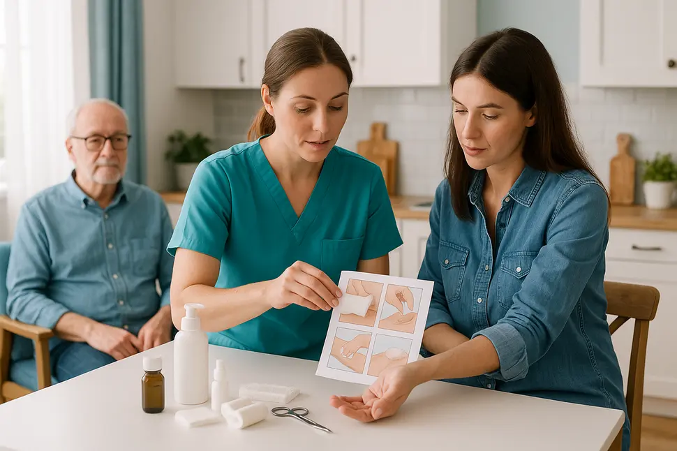 Enfermera domiciliaria enseñando técnicas de cuidado de heridas a familiar en ambiente hogareño seguro