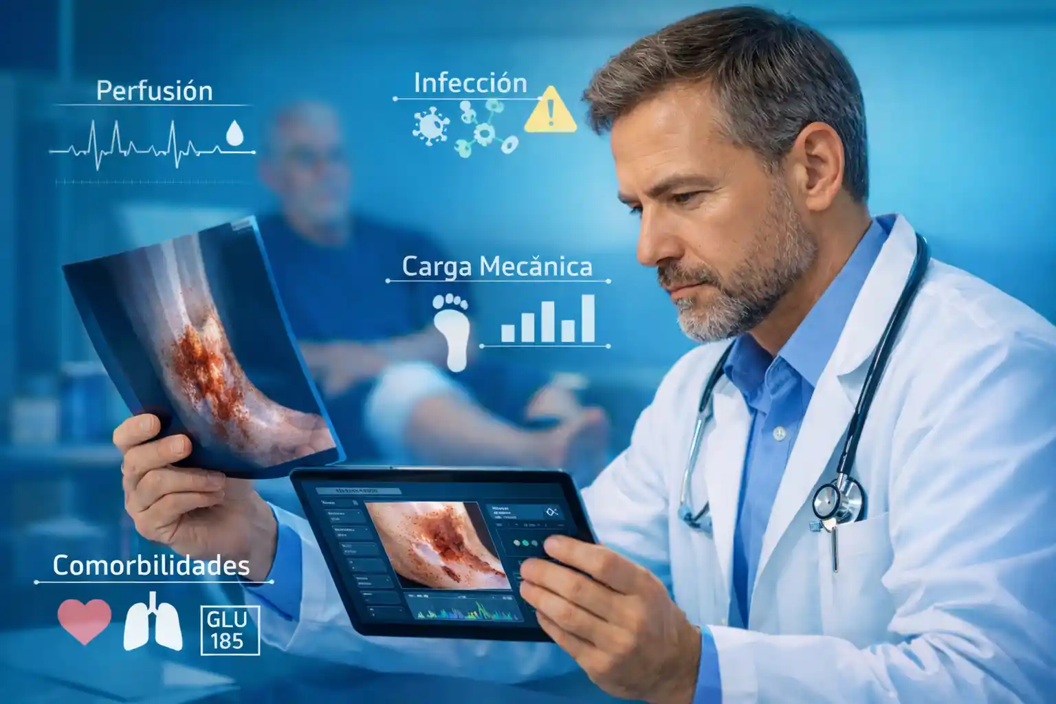 Médico analizando un caso de herida compleja y cicatrizacion
