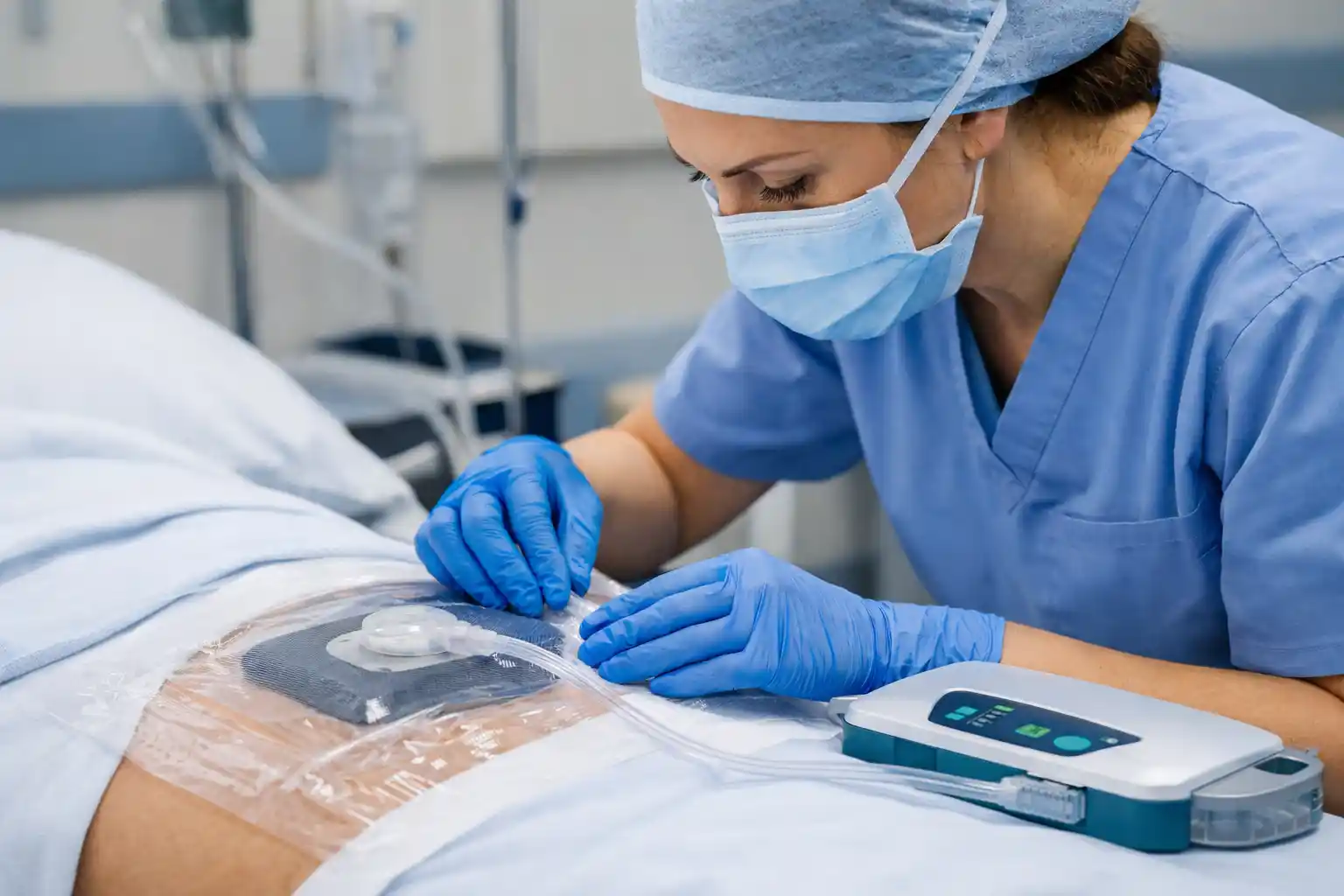 enfermera curando heridas con terapia de presion negativa
