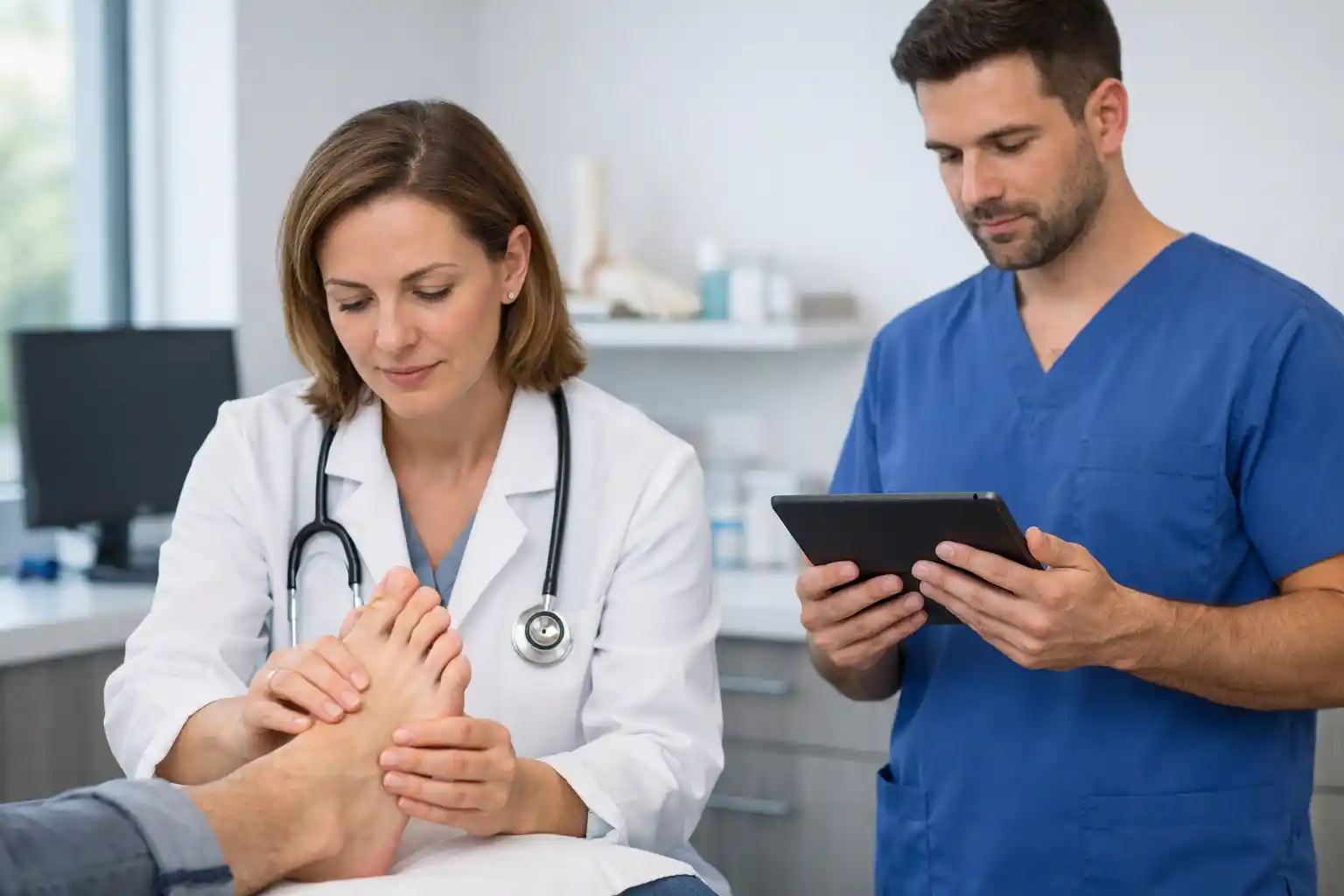 Médico especialista examinando pie de paciente diabético para prevenir amputaciones