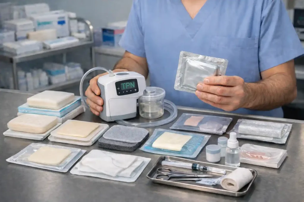 enfermera con equipos de tratamiento de cicatrizacion de heridas