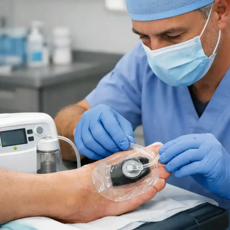 medico especializado aplicando tratamiento en pie diabetico