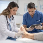 Médico especialista examinando pie de paciente diabético para prevenir amputaciones